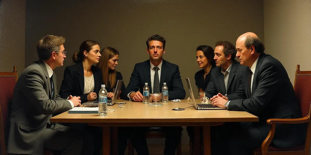 a group of people sitting at a table with laptops and water bottles in front of them and a man in a