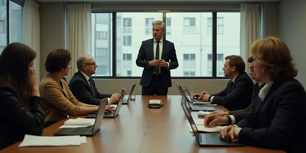 a group of people sitting at a table with laptops and papers in front of them and a man standing at