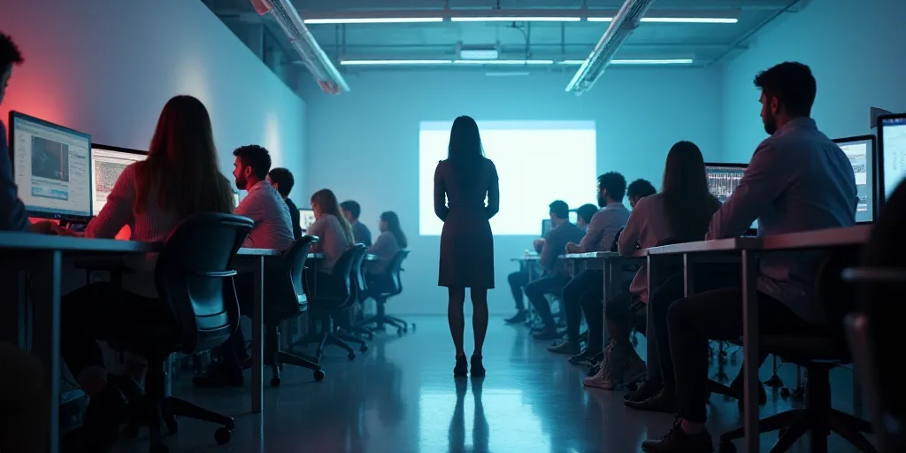 a group of people sitting at a desk with computers in front of them and a woman standing at the fron