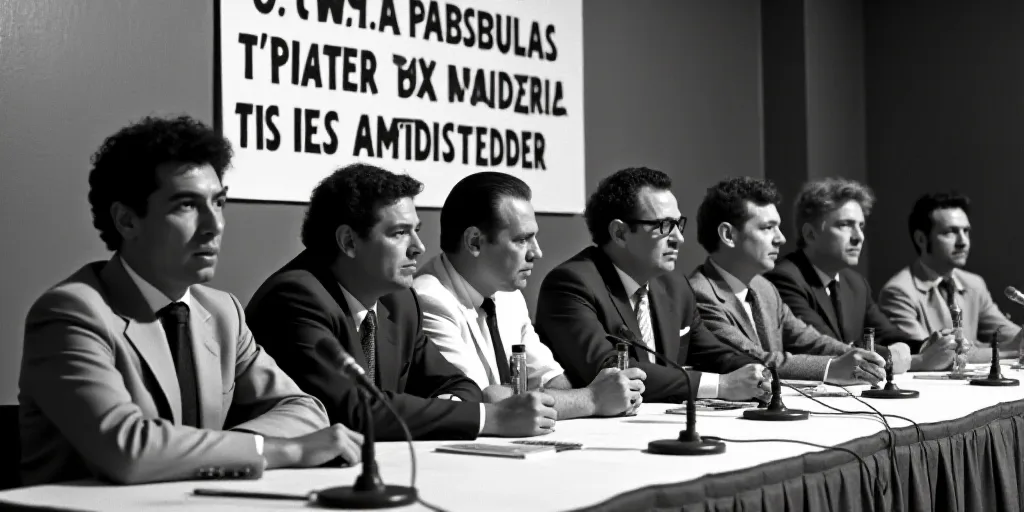 a group of people sitting at a table with microphones in front of them and a sign behind them, David