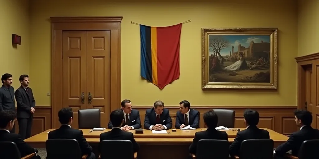 a group of people sitting at a table in a courtroom with a flag hanging above them and a painting on