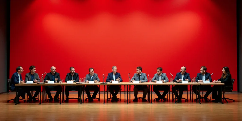 a group of people sitting at a table with microphones in front of them and a red wall behind them, C