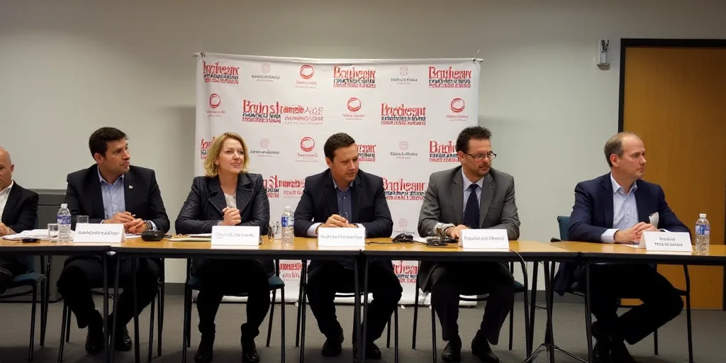 a group of people sitting at a table with microphones in front of them and a banner behind them, Edu