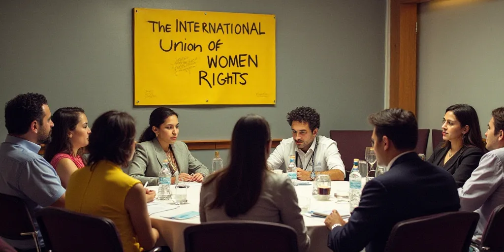 a group of people sitting at a table with a sign in the background that says, the international unio