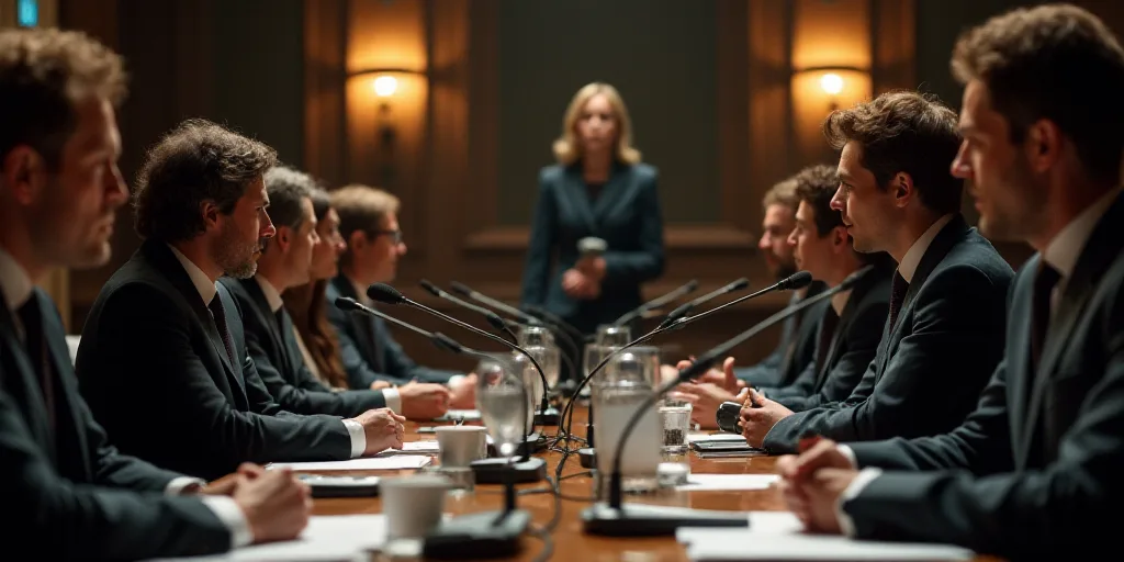a group of people sitting at a table with microphones in front of them and a speaker in the backgrou