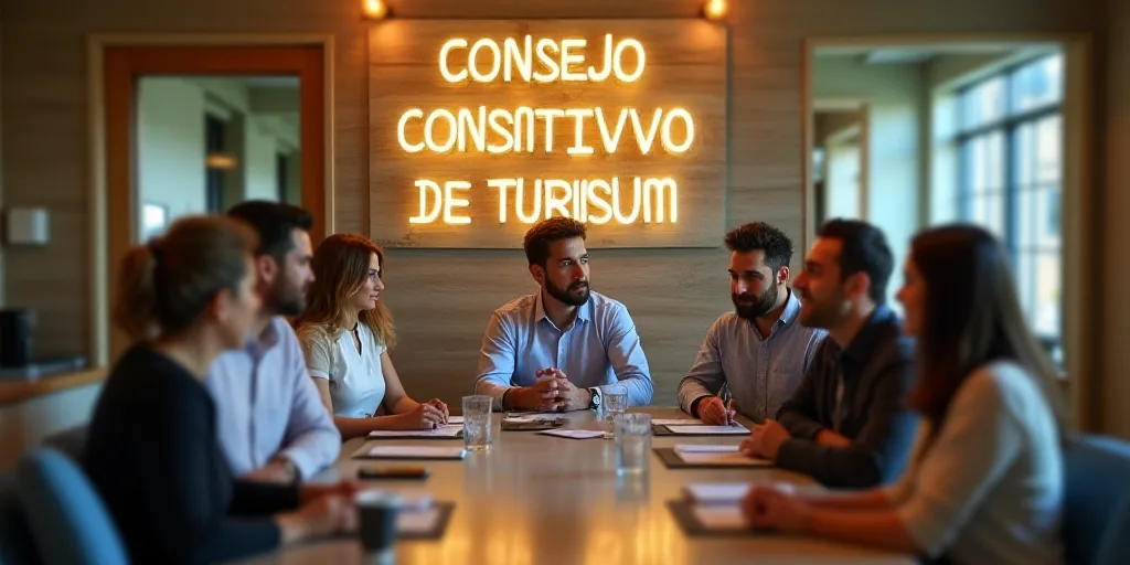 a group of people sitting at a table with a sign behind them that says consejo constitivvo de turism