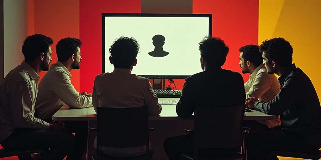 a group of people sitting at a table in front of a monitor screen with a keyboard on it and a mouse,