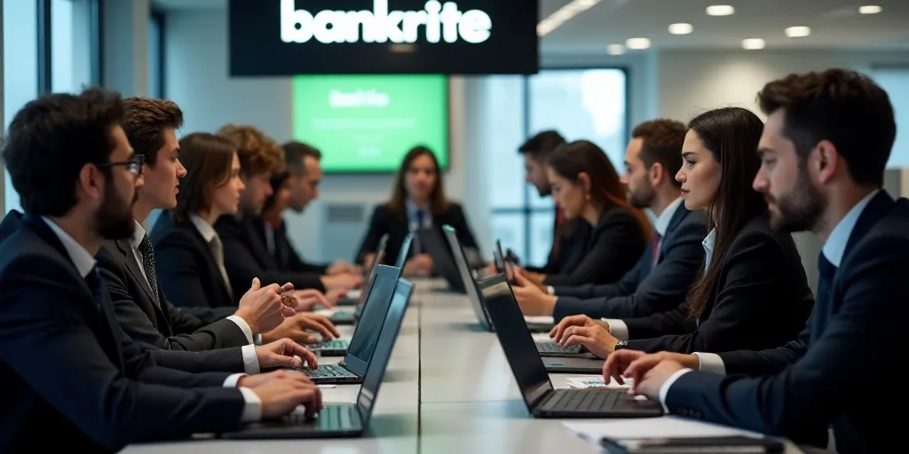 a group of people sitting at a table with laptops and papers in front of a sign that reads bankrite,