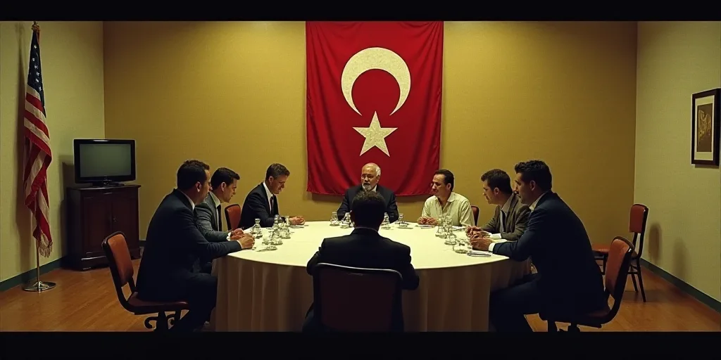 a group of people sitting at a table in a room with a flag on the wall behind them and a tv on the w