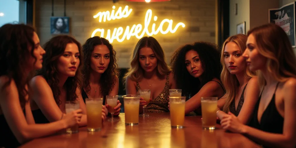a group of people sitting at a table with drinks in front of them and a sign behind them that says m