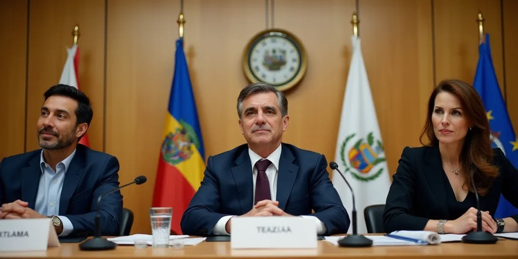 a group of people sitting at a table with microphones in front of them and a sign behind them, Enriq