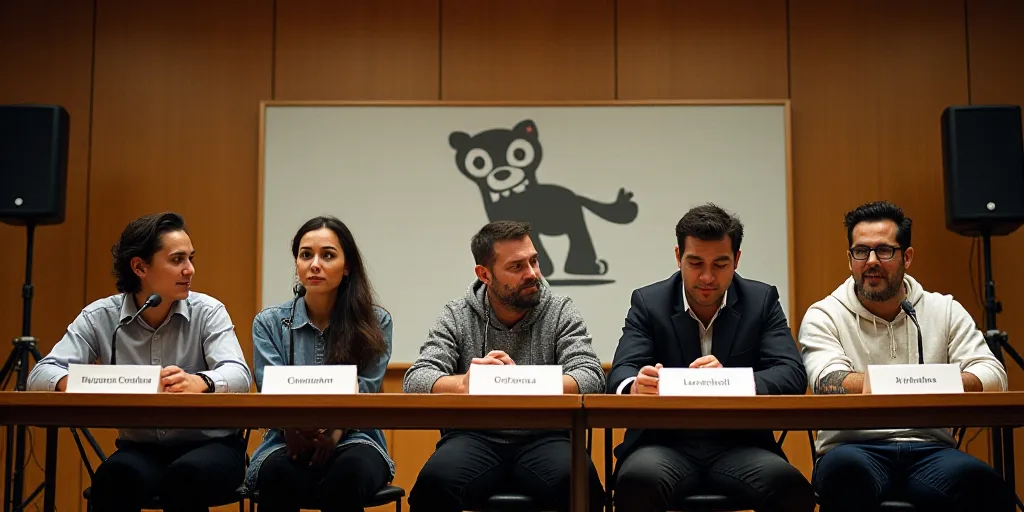 a group of people sitting at a table with microphones in front of them and a banner behind them, Car