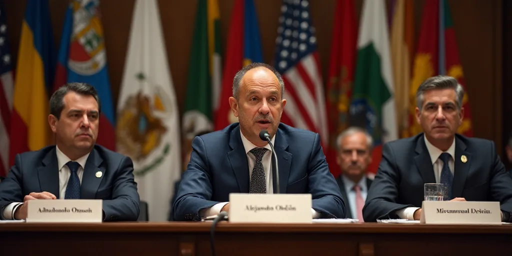 a group of people sitting at a table with flags behind them and a microphone in front of them with a