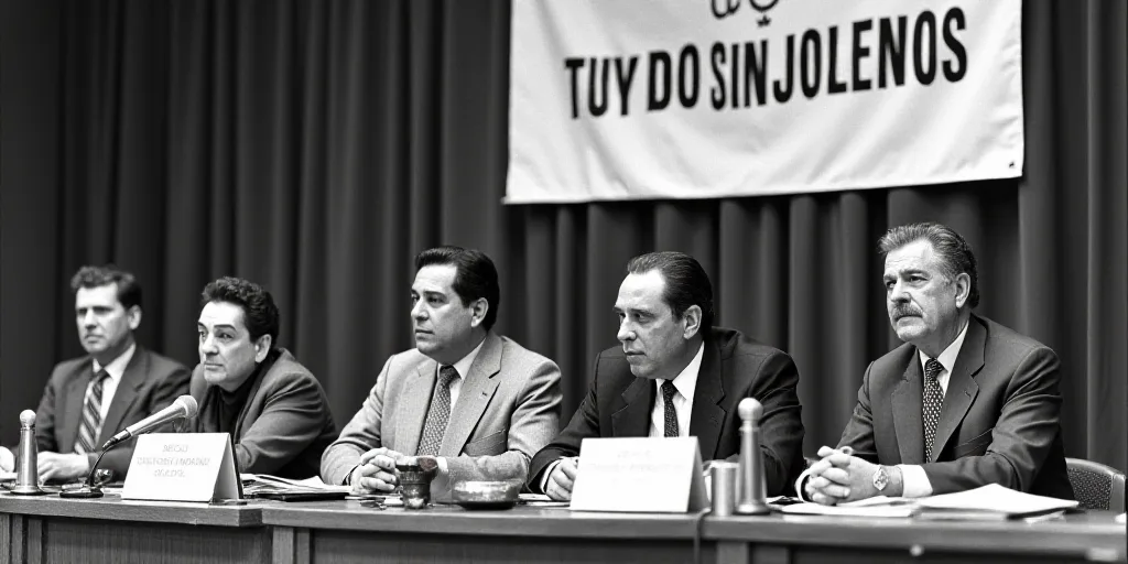 a group of people sitting at a table with microphones in front of them and a sign behind them, David