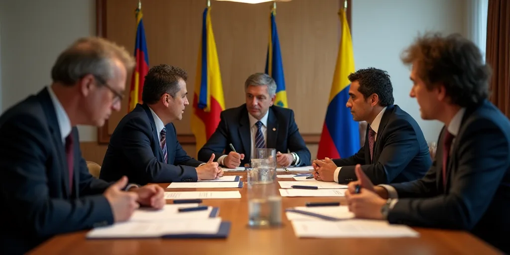 a group of people sitting at a table with papers and pens in front of them and flags in the backgrou