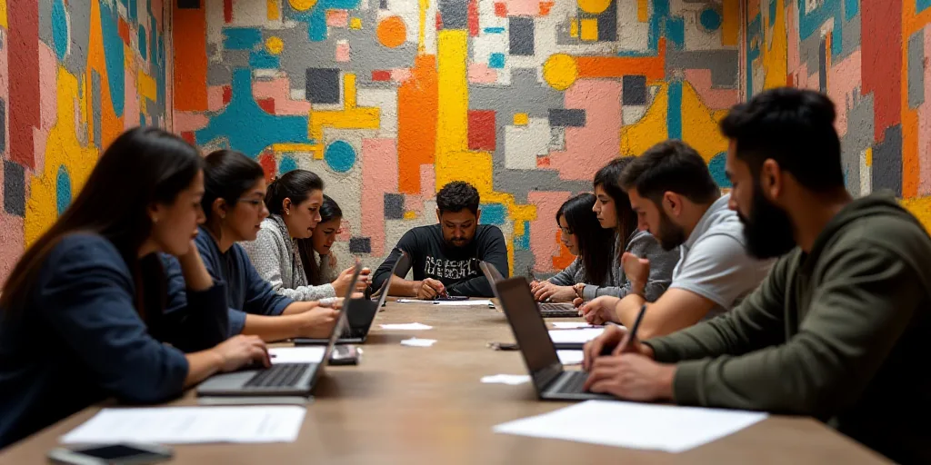 a group of people sitting at a table with laptops and papers in front of them, with a colorful wall