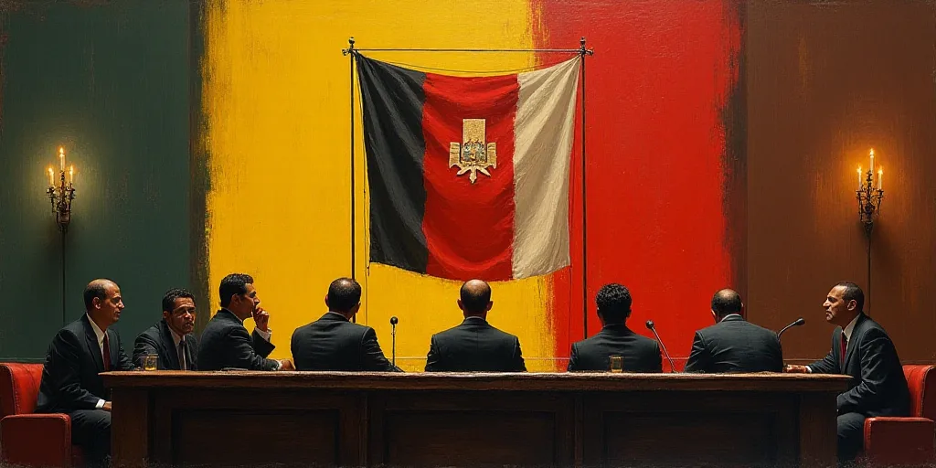 a group of people sitting at a table in a courtroom with a flag hanging on the wall behind them, Dav