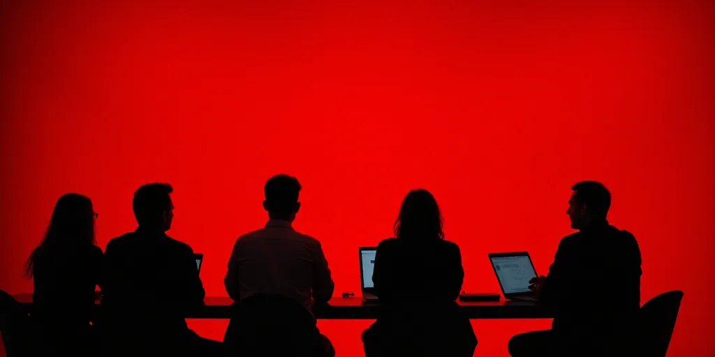 a group of people sitting at a table with laptops in front of them and a red wall behind them, Carlo