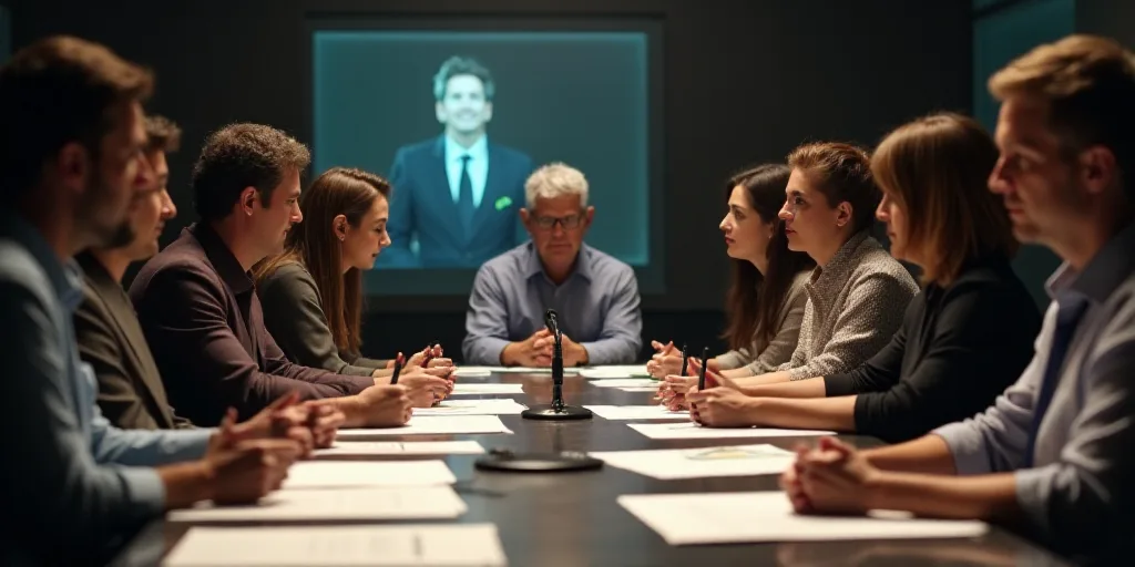 a group of people sitting at a table with papers in front of them and a microphone in the background