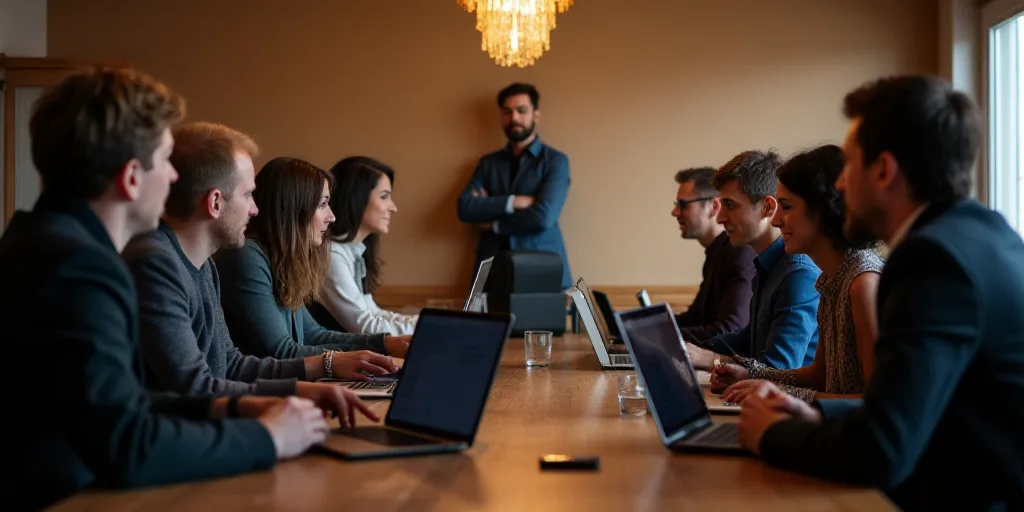 a group of people sitting at a table with laptops in front of them and a speaker in the background,
