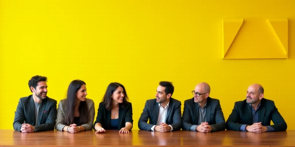 a group of people sitting at a table with a yellow background and a yellow wall behind them with a y