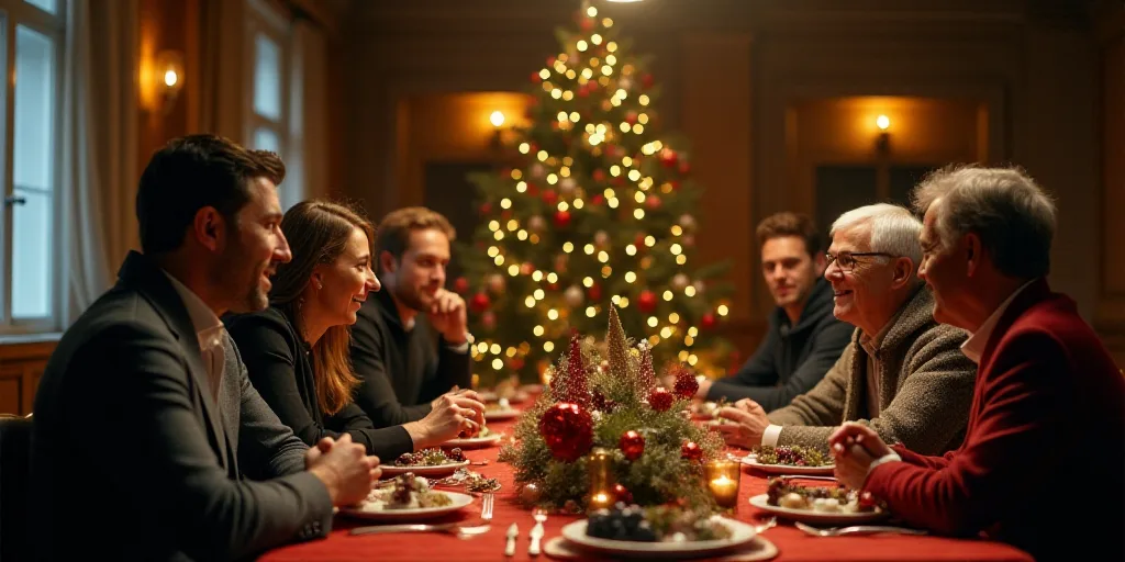 a group of people sitting at a table with christmas decorations on it and a christmas tree in the ba