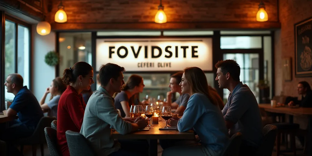 a group of people sitting at a table in front of a sign that says fovissite on it, Ceferí Olivé, f