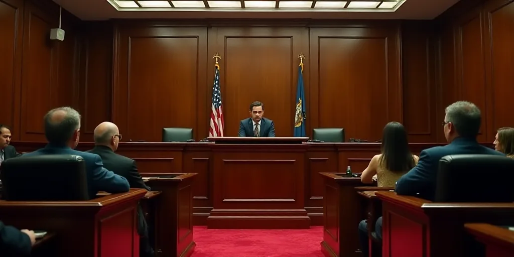 a group of people sitting at a table in a courtroom with a red carpet on the floor and a red carpet