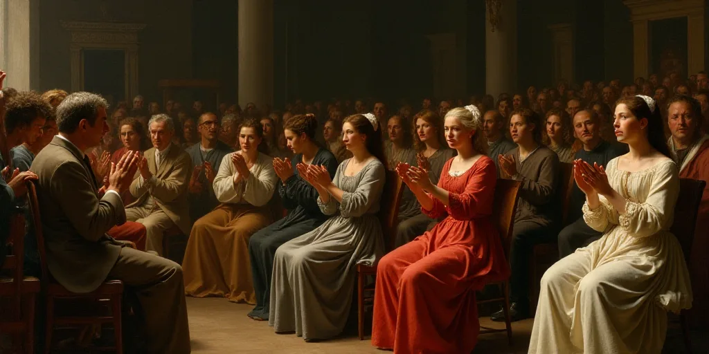 a group of people sitting in a room clapping and clapping hands in front of them with a crowd of peo