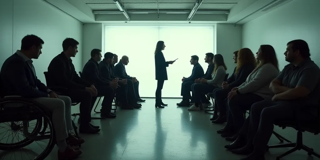 a group of people sitting in a room with a man in a wheel chair talking to them and a woman standing