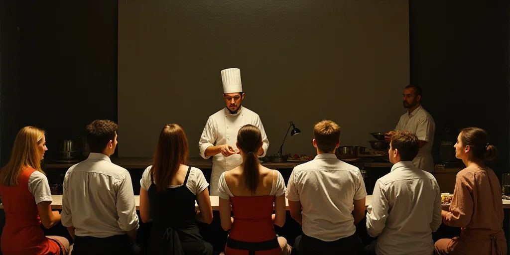 a group of people sitting in a row in front of a stage with a chef standing behind them and a man st