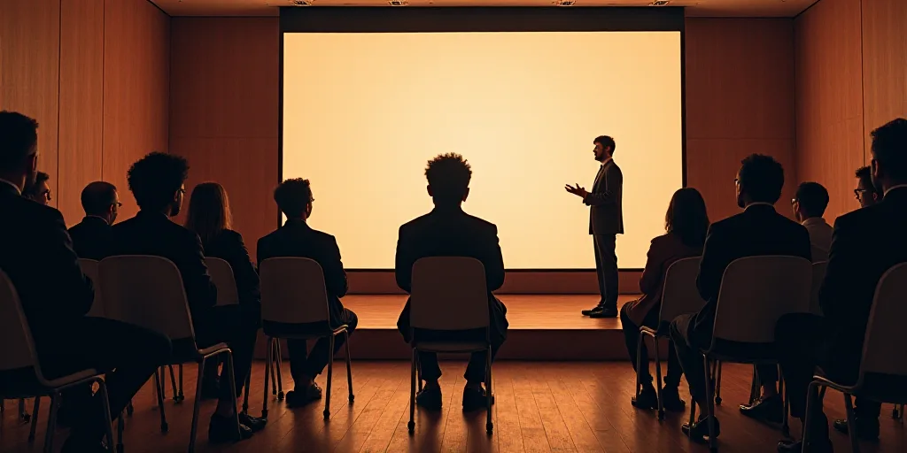 a group of people sitting in chairs in front of a stage with a man speaking to them and a woman stan