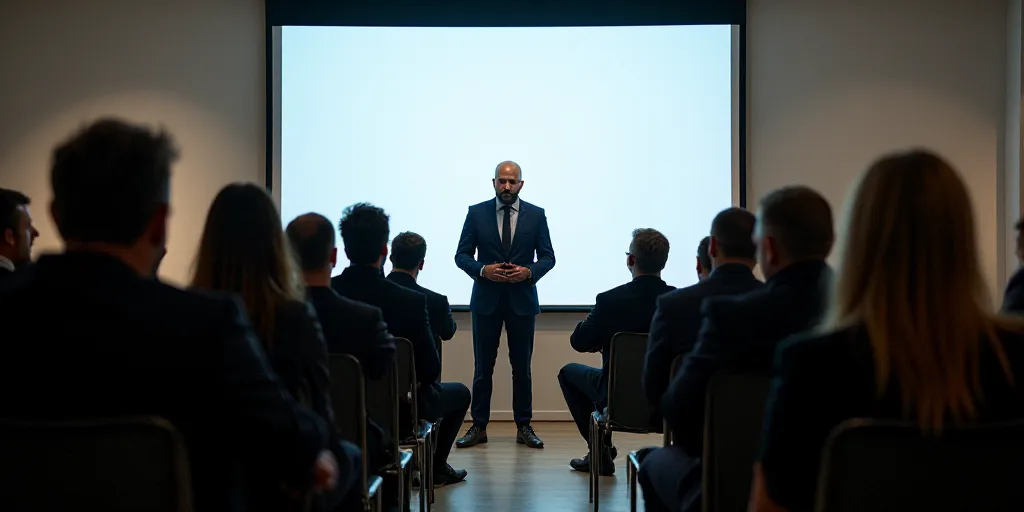 a group of people sitting in chairs in front of a screen with a presentation on it and a man standin