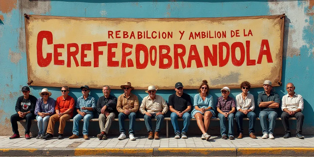 a group of people sitting in front of a sign with a banner on it that says rebabilcion y ambilion de