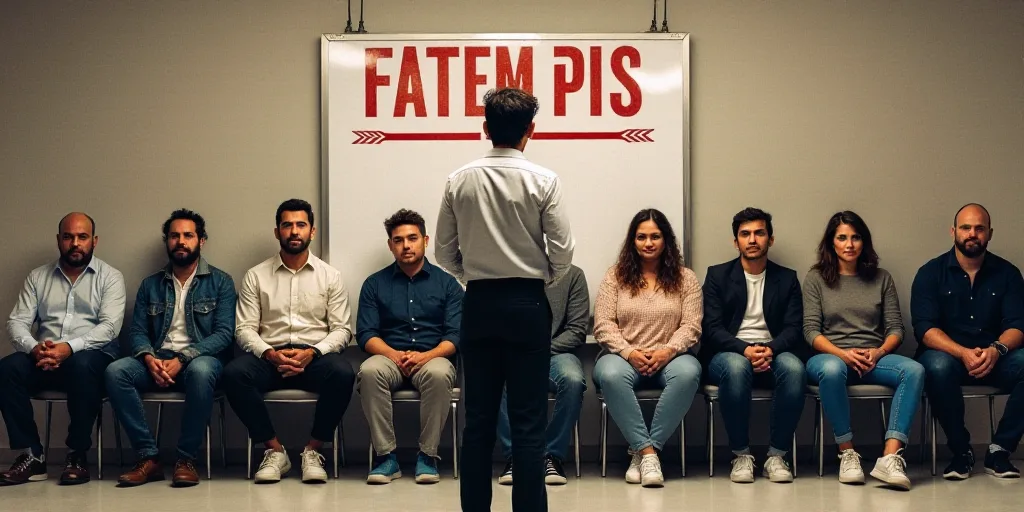 a group of people sitting in front of a sign with a man standing in front of them and a woman standi