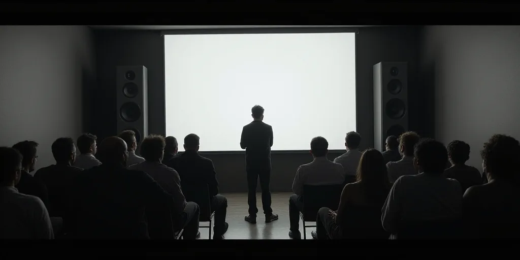 a group of people sitting in front of a large screen in a room with a speaker on it's side, Eddie Me