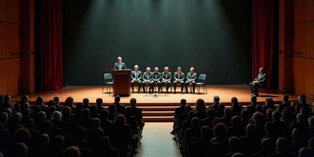 a group of people sitting on a stage in front of a crowd of people in suits and ties on chairs, Carl