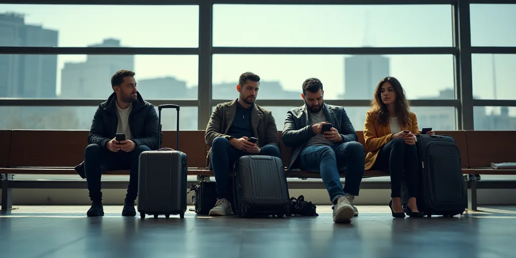 a group of people sitting on a bench with luggage and cell phones in their hands and a man on his ce