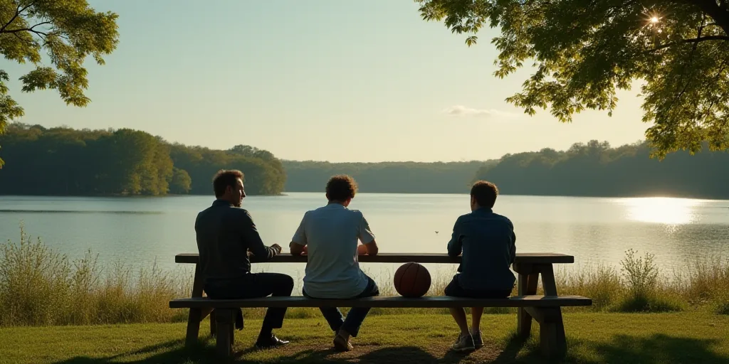 a group of people sitting on a bench near a lake with a basketball in it and a picnic table, Christi