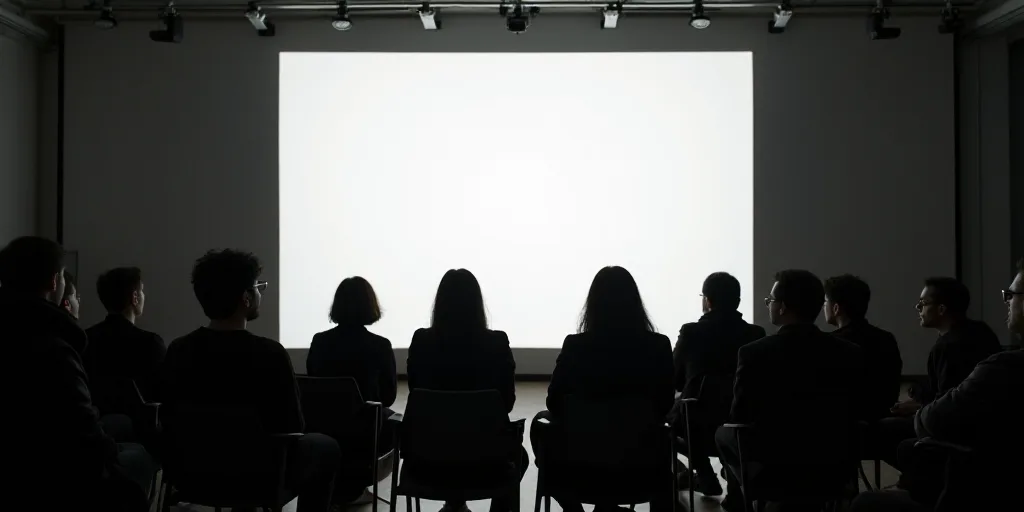 a group of people sitting on chairs in front of a screen with a projector screen behind them and a p