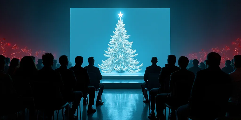 a group of people sitting on chairs in front of a christmas tree on a stage with a sign in the backg