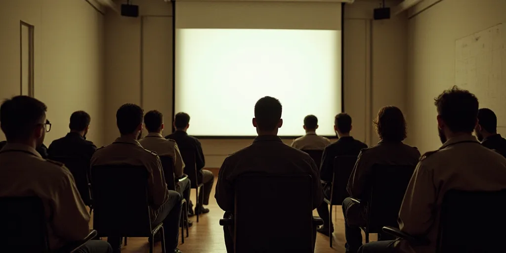 a group of people sitting on chairs in a room with a wall behind them and a screen behind them, Arac