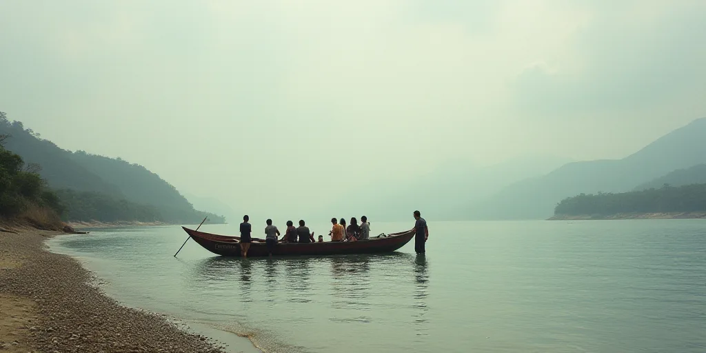 a group of people standing around a boat in the water near a beach with a body of water in the backg
