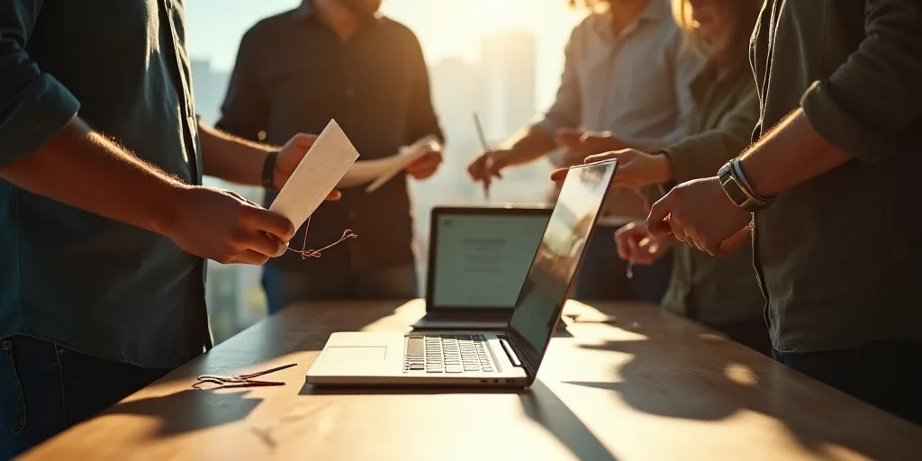 a group of people standing around a table with papers and scissors in their hands and a laptop in th