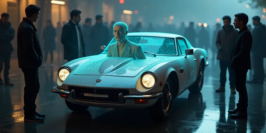 a group of people standing around a car with a picture of a man in the hood on it's hood, Carlos Fra