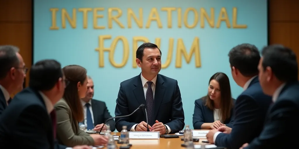 a group of people standing around a table in front of a sign that says international forum on it and