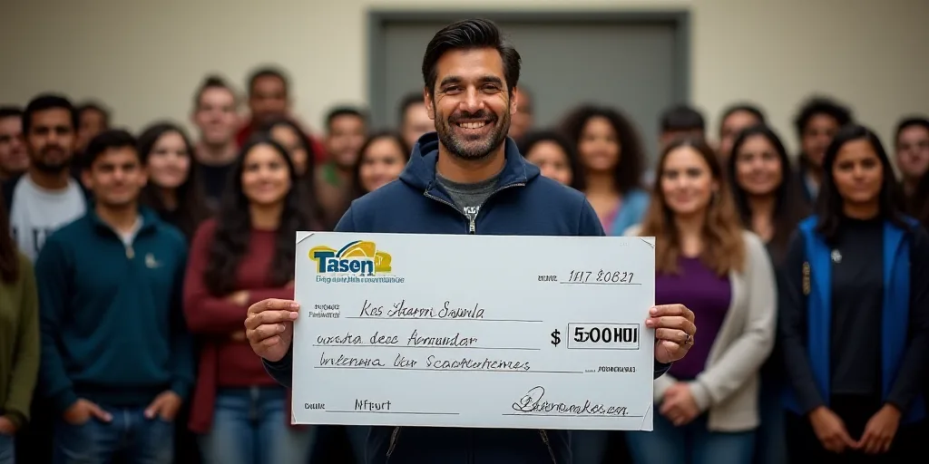 a group of people standing around a man holding a check for $ 5, 000 in front of a crowd, Carlos Sae