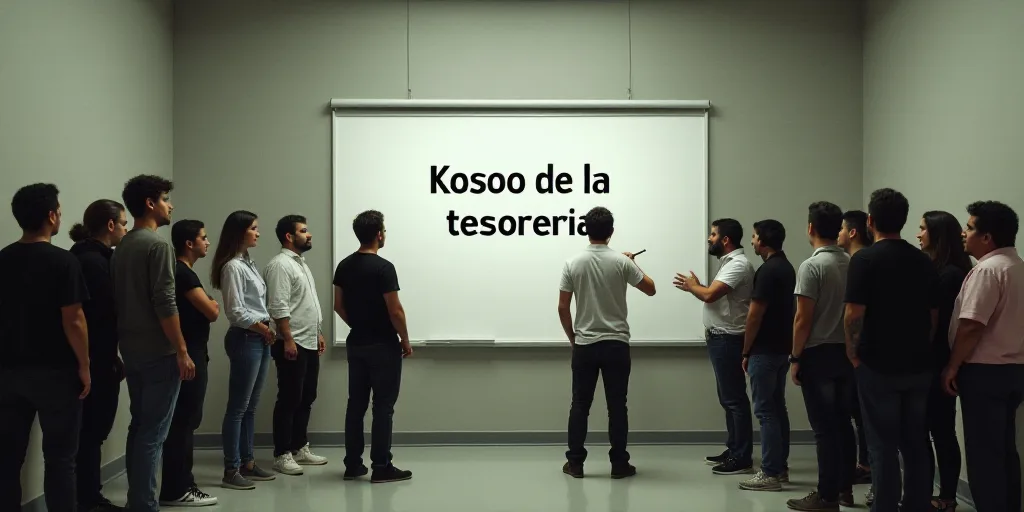 a group of people standing around a white board in a building with a sign on it that says kosoo de l