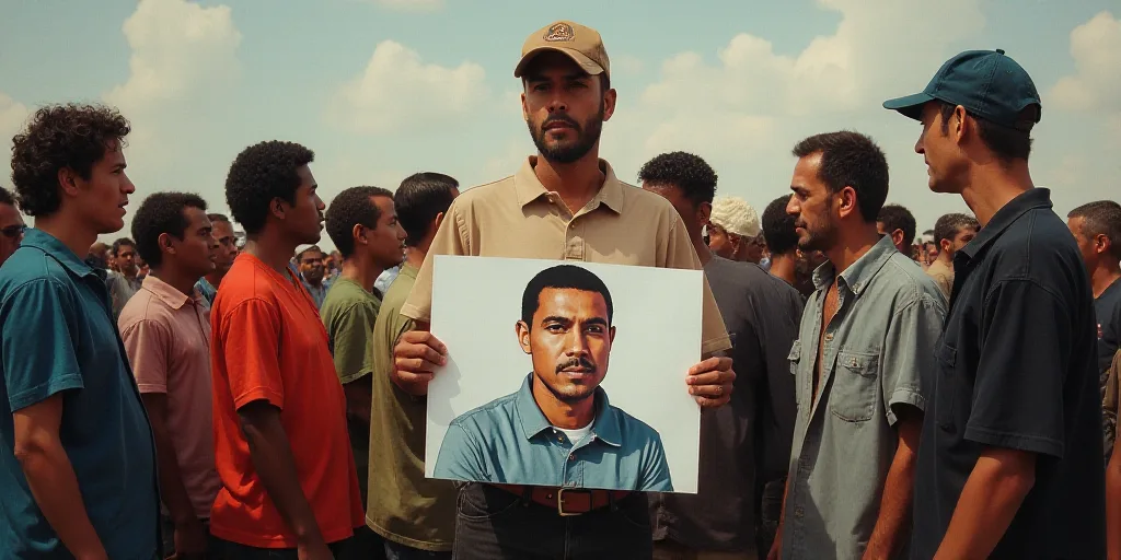 a group of people standing around a man holding a sign with a picture of a man holding a sign, Ameli