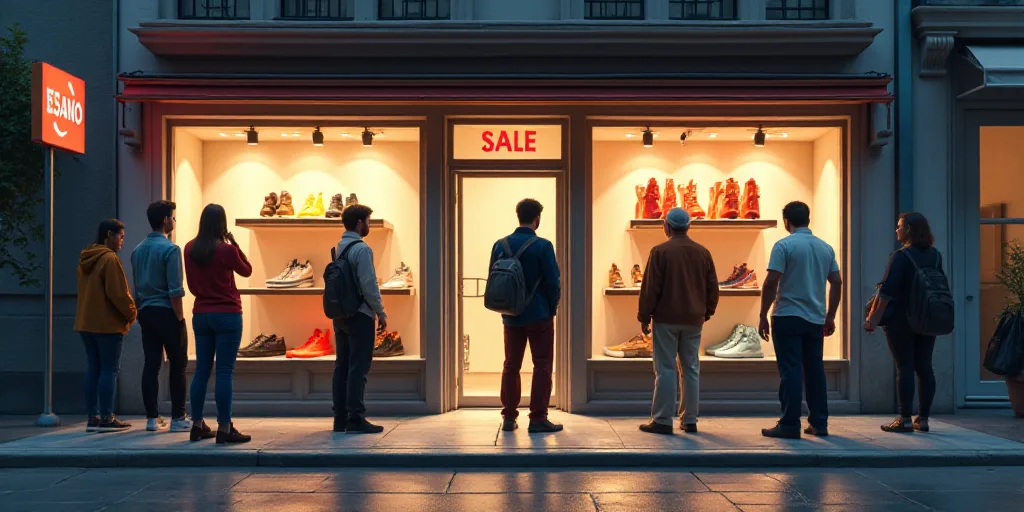 a group of people standing around a store with shoes on display in it's windows and a sign that says